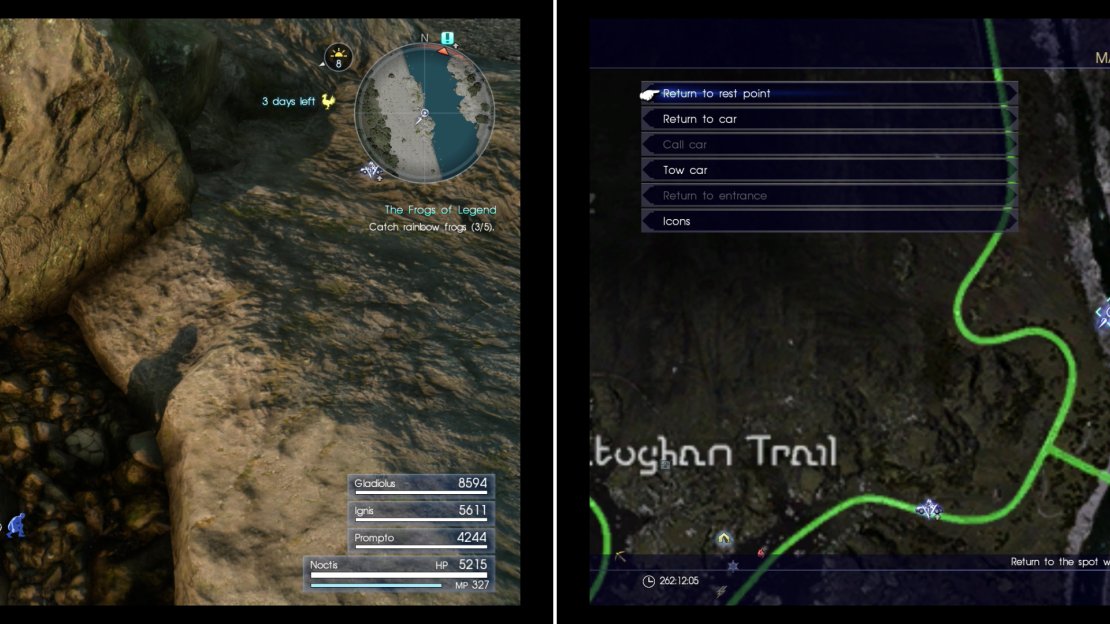 The fourth Rainbow Frog can be found along the western shore of the Wennath River, near the fork in the river (left), at the indicated spot on the map (right).