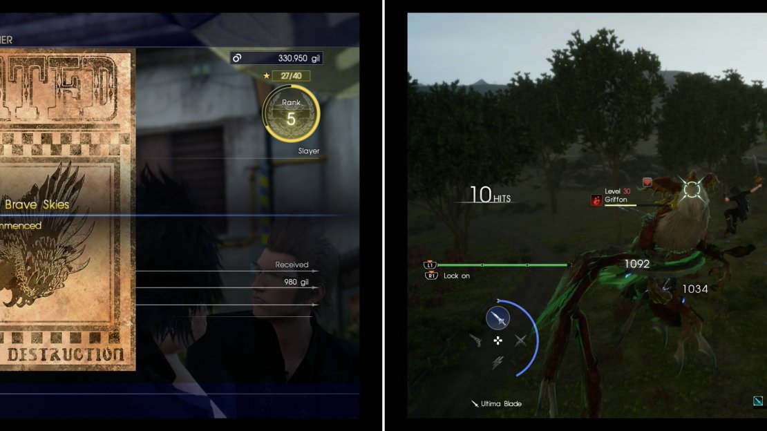 Pick up the hunt “Ruler of the Brave Skies” to challenge a Griffon (left). Fighting a Griffon can easily become an aerial duel between Noctis and the beast (right).