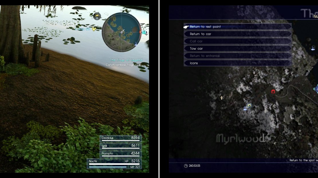 Find the first Rainbow Frog near The Vesperpool - West Bank Fishing Spot (left) at the area indicated on the map (right).