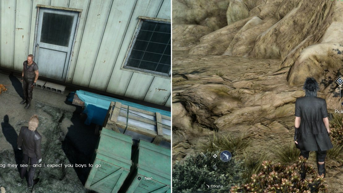 Start your first Dog Tag quest by talking to Dave at the Longwythe Rest Area outpost (left), then head north into the wilderness to find your first Dog Tag (right).