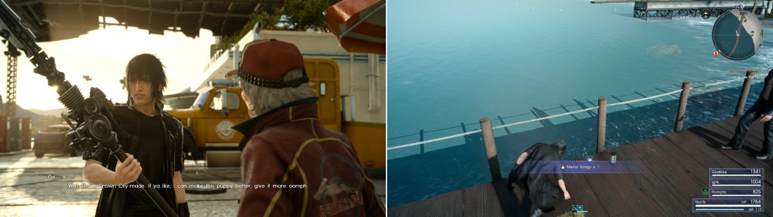Bring the Drain Lance to Cid (left) and he&rsquo;ll offer to upgrade the weapon for you if you bring him a component. Such a component - a Metal Scrap - can be found on Galdin Quay&rsquo;s pier (right).