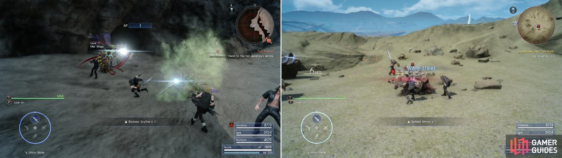 Eradicated Killer Wasps to obtain Barbed Scythes (left). You can break off a Skarnbulette&rsquo;s Spiked Armor (right) for another upgrade component.