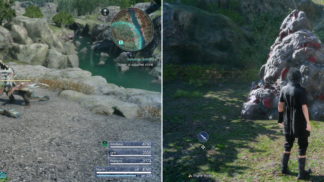 Kill the Sahagins nearby (left) then claim the Sapphire Stone from the Mineral Deposit near the Wennath River (right).