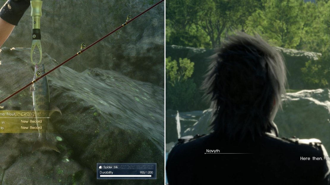 Catch a Cherrycomb Trout by fishing at the Wennath River Fishing Spot during dusk (left) and Navyth will give you the Butterfly Edge (right).