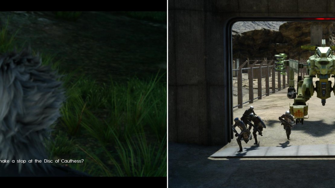 Ignis will request to go visit the Disc of Cauthess (left) and when you do, you’ll be opposed by some imperials (right).
