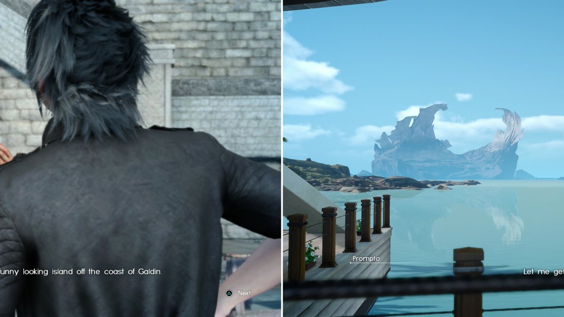 One of the landscapes Vyv wants you to take photos of is an island off the coast of Galdin Quay (left). Find one of the two photo spots in the Galdin Quay resort which provides a view Vyv will approve of (right).