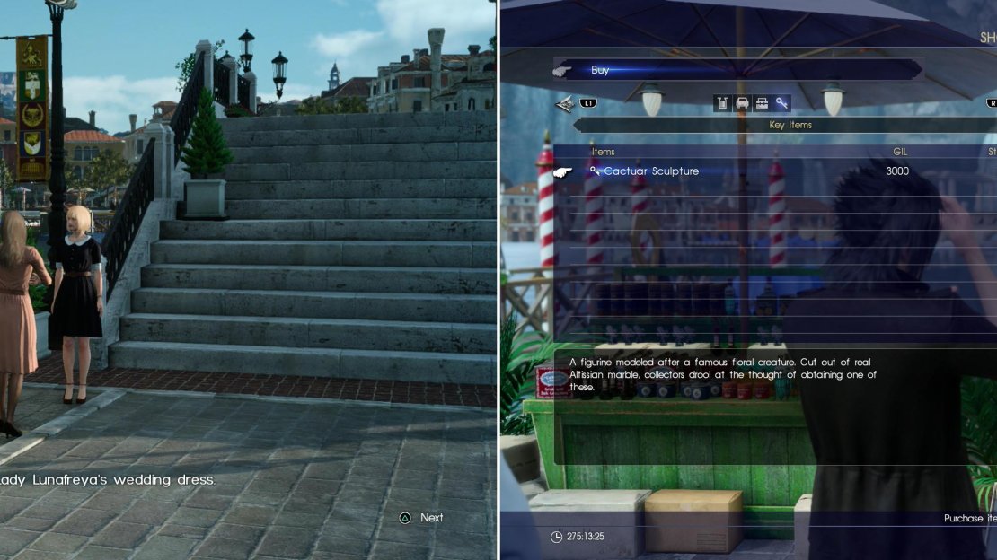 After disembarking at Altissia, you’ll overhear some women talking about Luna’s wedding dress (left). New cities mean new merchants, and new merchants mean a new Cactuar for Talcott (right).