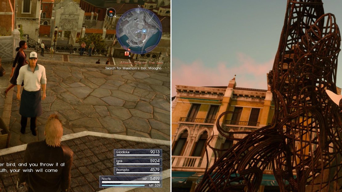 Visit the palace-front plaza to find new merchants (left) and indulge in a Altissian tradition (right).