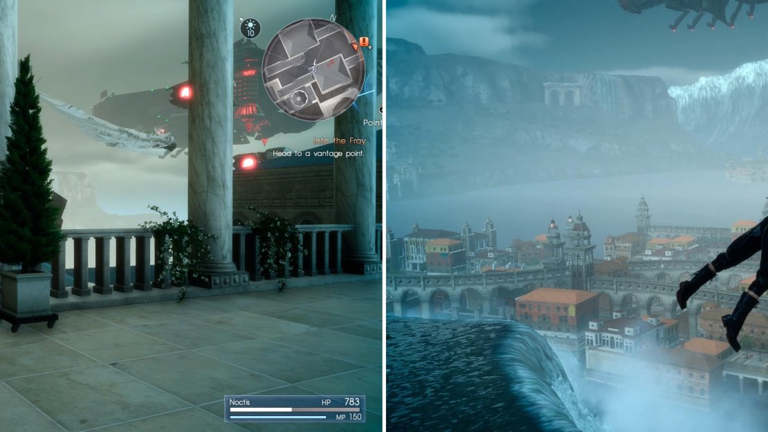 The Empire are here to stop you and you’re on your own (left). Keep pushing forward then dive off the end (right) to end this quest.