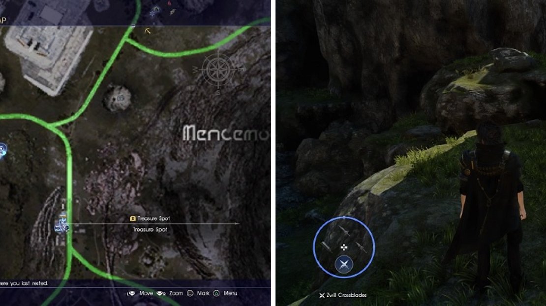 The location of the Dragoon Lance on the map (left) and in-game (right).