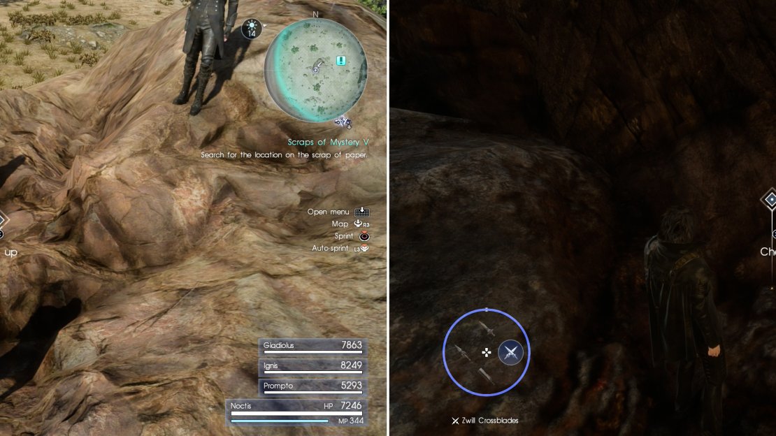 Sylvester’s Map Piece E can be found atop a rock (left) while Sylvester’s Map Piece F (right) can be found at the base of one of the stone archs that decorate Duscae’s landscape.