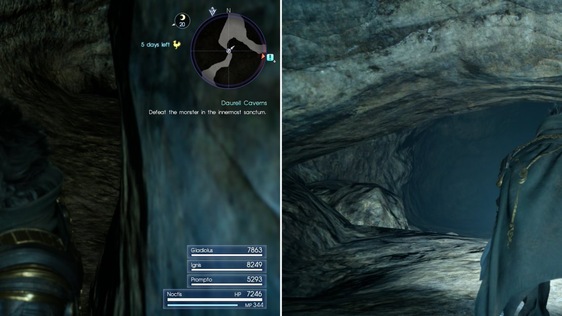 Squeeze through a cleft to the west to take the path with a stream running through it (left) or crouch under a low section of tunnel to the east (right) to brave poisonous pools.