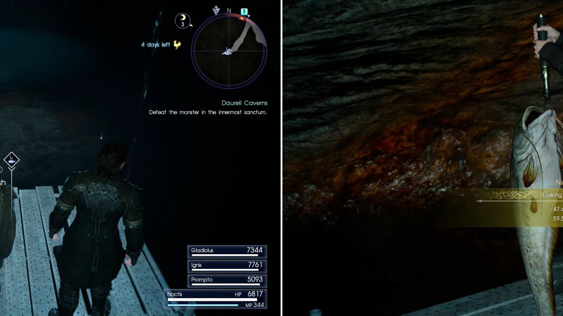 Shortly after the split path reunites you’ll find the Daurell Stills Fishing Spot (left), where you can catch new varities of fish (right).