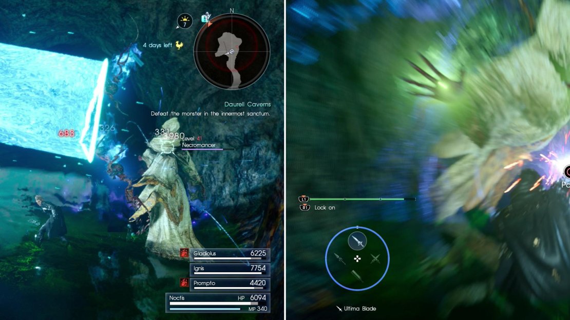Necromancers can do great damage, and inflict petrification with their triangle-beam attacks (left). They’ll also attempt to grapple Noctis and drain his Magic Points (right).