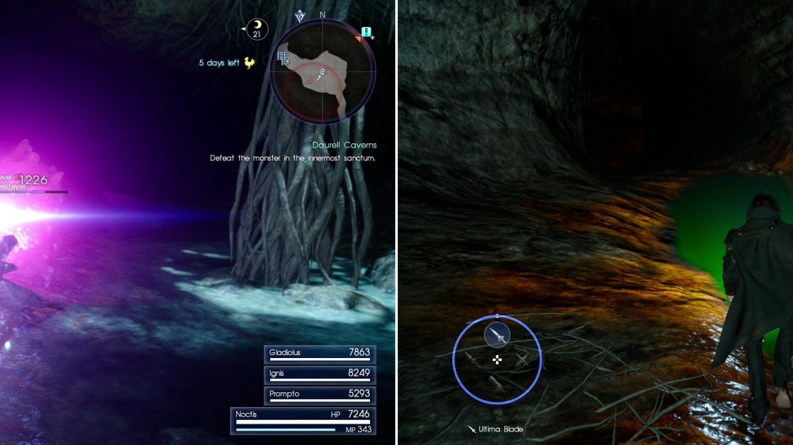 Hecteyes can shoot lasers and flash their eyes to cause confusion (left). Pools of toxic water also make traversing the Daurell Caverns more dangerous (right).