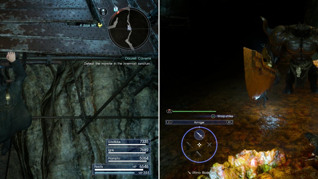 Climb down a ladder to extend the device, providing you with a shortcut (left). At the end of the dungeon you’ll find an Iron Giant - the “boss” of this dungeon (right).