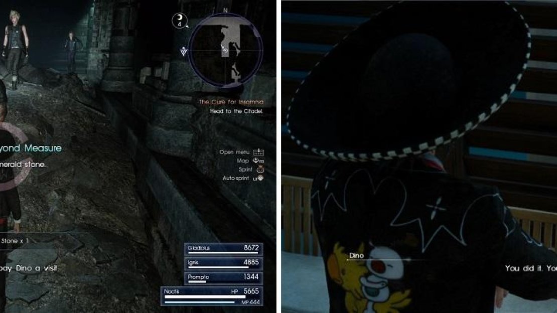 Don’t forget to grab the Emerald Stone for Dino while exploring (left), then turn it in after you’re finished with the dungeon (right).
