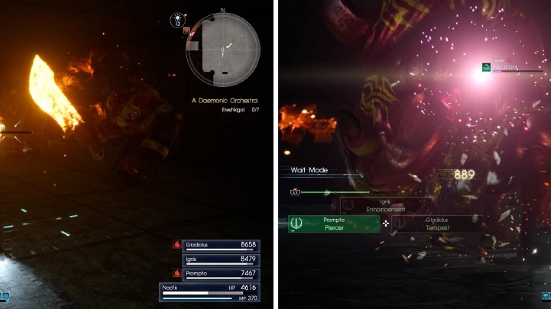 Fighting 3 Red Giants and a Nagarani (left) can prove to be troublesome. Use Techniques to give yourself an edge (right).