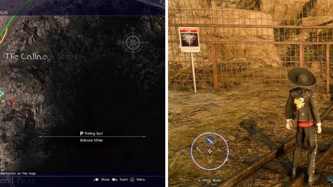 The location of Balouve Mines, both on the map (left) and in-game (right).