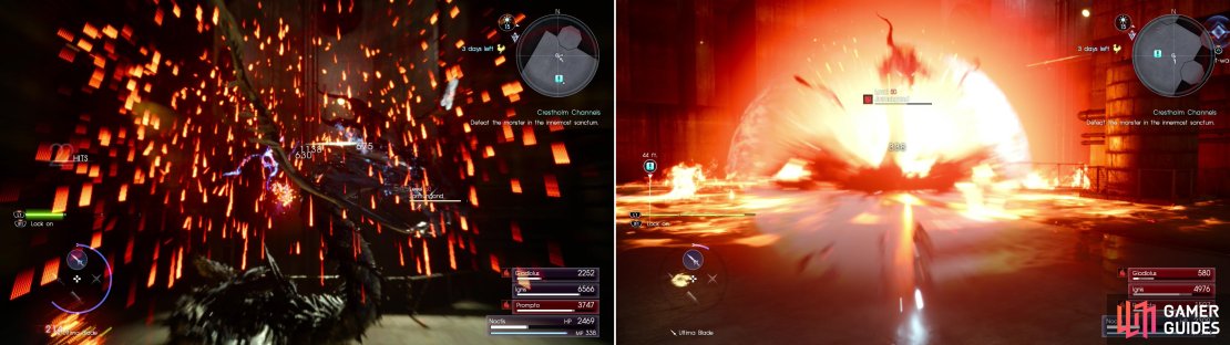 Jormungand likes using fire, including attacks like spitting fire into the air to have it rain down upon you (left), it can also create a blast of fiery energy centered on itself (right).