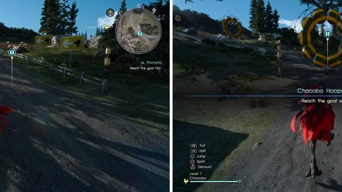 You can race against your friends (left) or do obstacle courses where you need to jump through hoops (right).