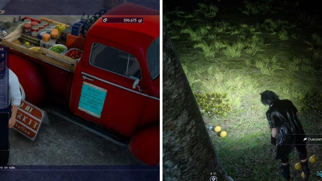 You can also buy recipes from specific shops (left) and gathering ingredients will give new ideas to Ignis (right).