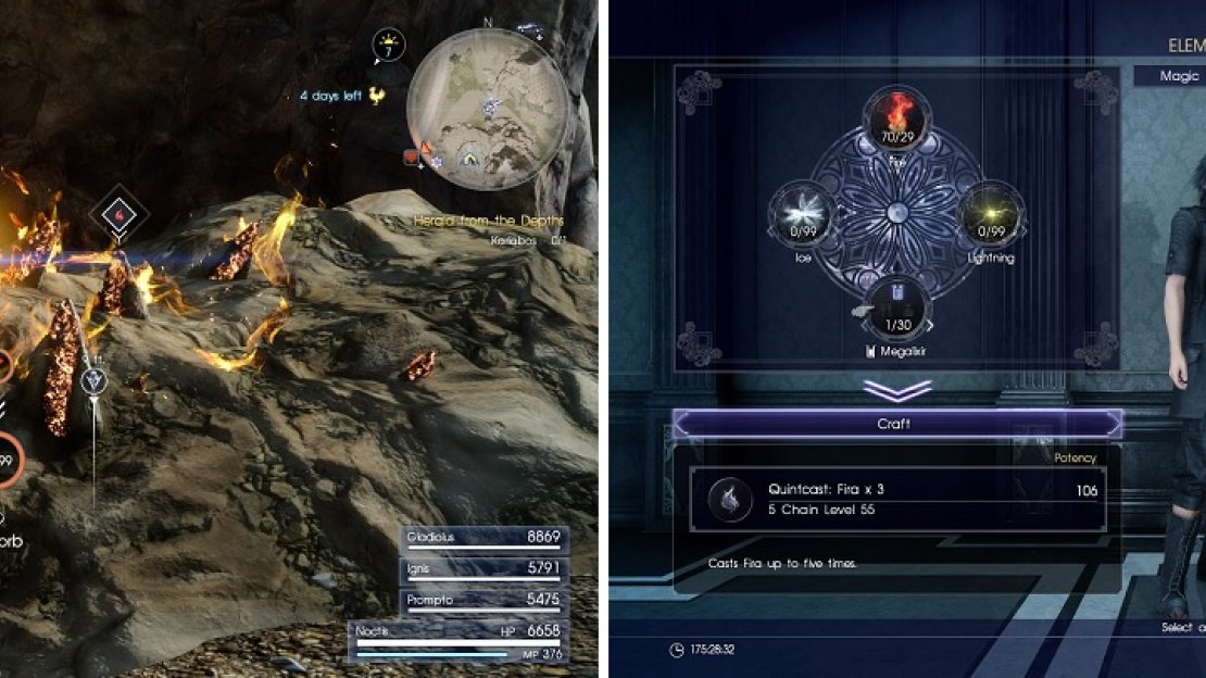 You need to draw magic from deposits first (left). Adding catalysts will add modifiers to spells (right).