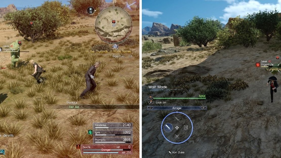Gigantuars can be nasty with their needle attack (left). When you knock one down, take advantage and concentrate your attacks on it (right).