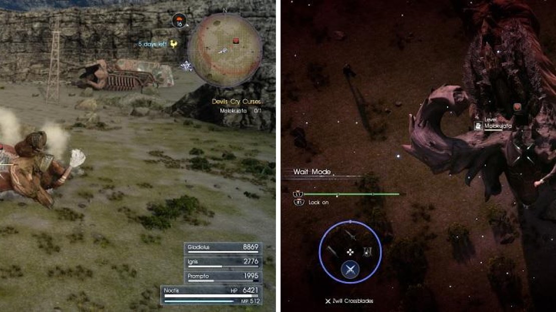 The monster’s rolling attack can only be dodged by warping away (left). Parry its charging attack to give way to a counter (right).
