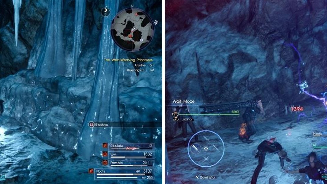 Take out the Kokyangwutis first (left). Watch out for the Ariadne’s swinging lightning attack (right).