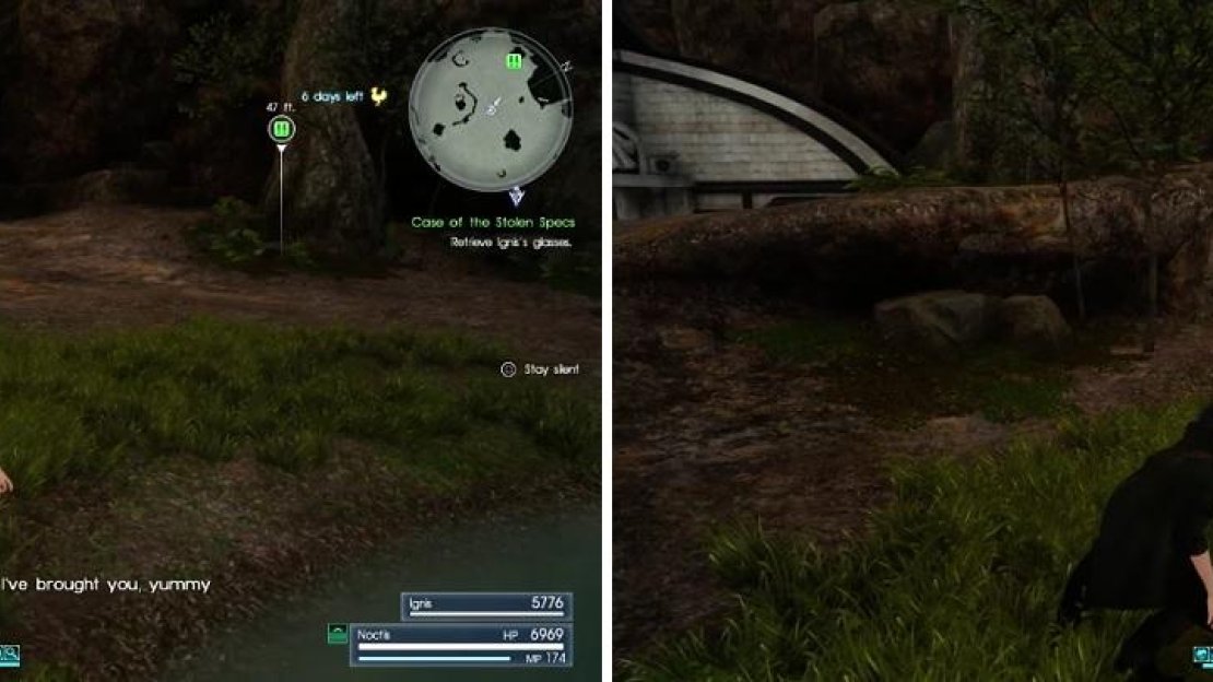 Slowly make your way towards the tree (left), pressing Square/X whenever the Chocobo looks around to stay silent (right).