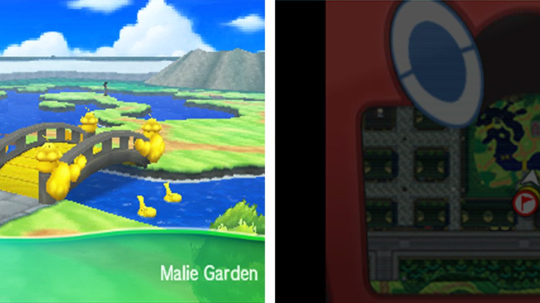 A lush garden with an interesting shaped lake.