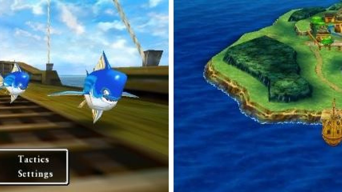 There will be random encounters while sailing (left). Your destination is the island with Ballymolloy (right).
