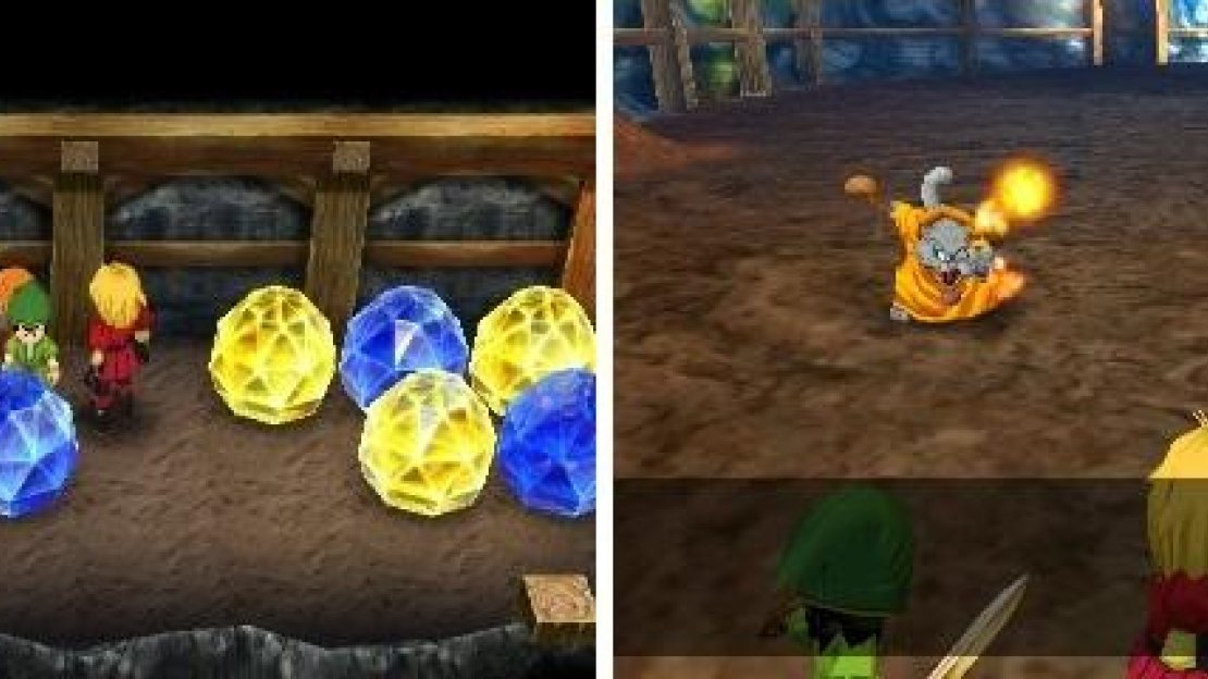 There will be more gem puzzles in the mines in the present (left). Meowgicians can deal a lot of damage with Frizz (right).