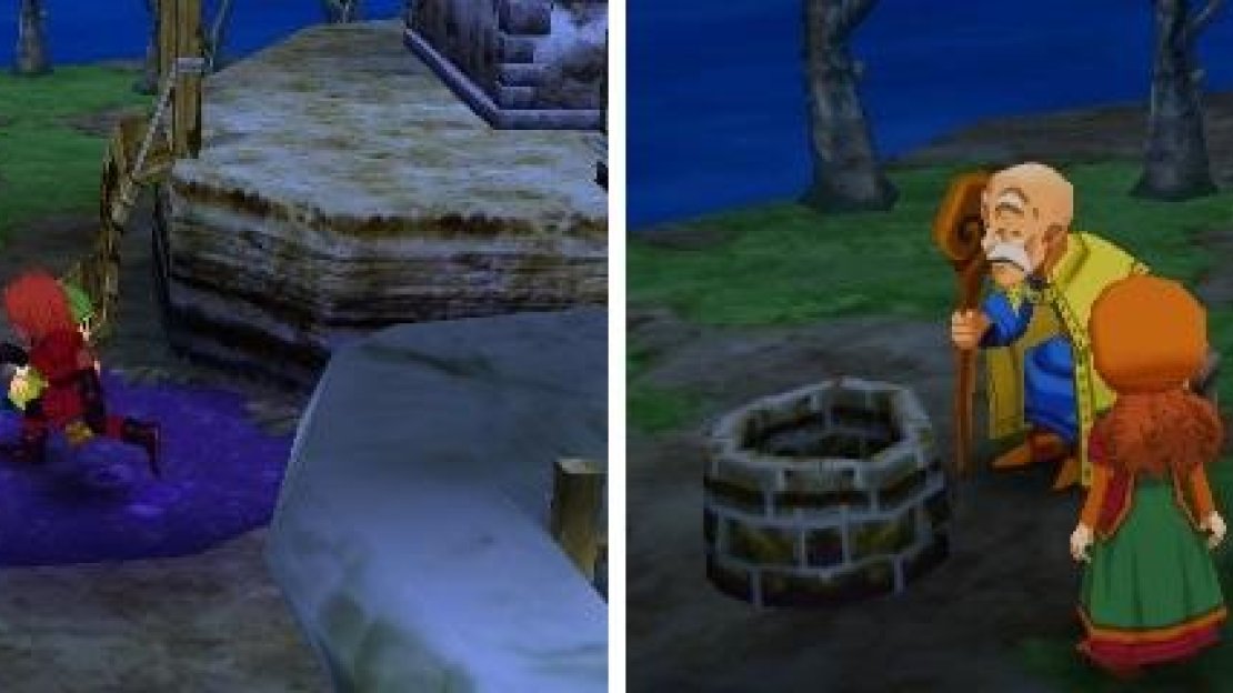 Be careful of the purple water, as it damages you when you walk over it (left). Talk to the old man by the well to continue the story (right).