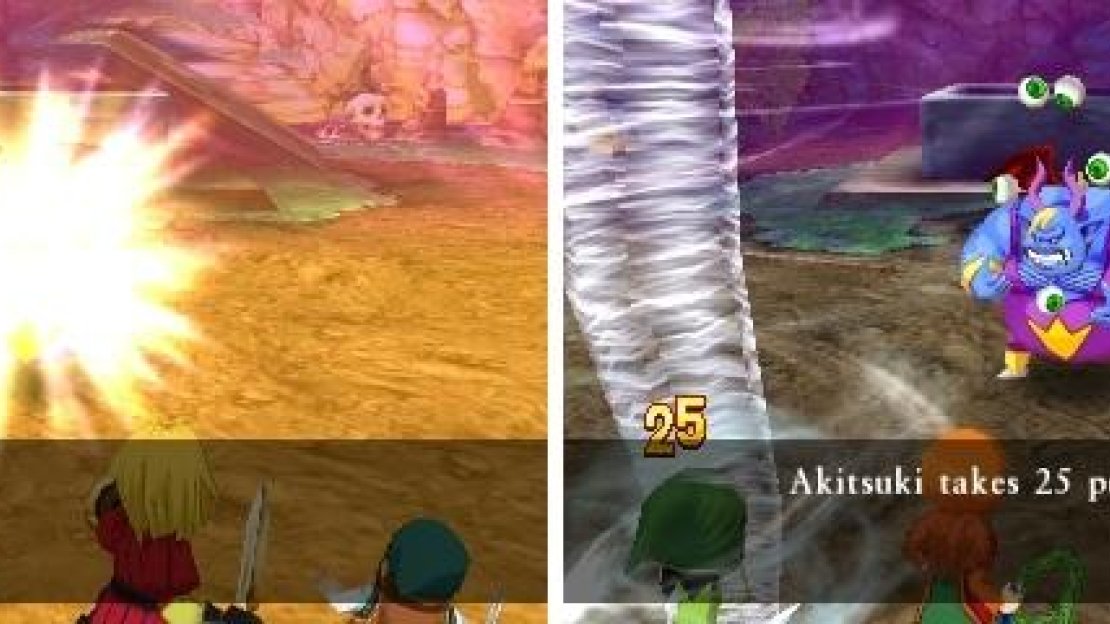 Hackrobat’s shine move can Dazzle your characters (left), making them have a harder time hitting the boss. His wind move can deal some big damage to a single character (right).