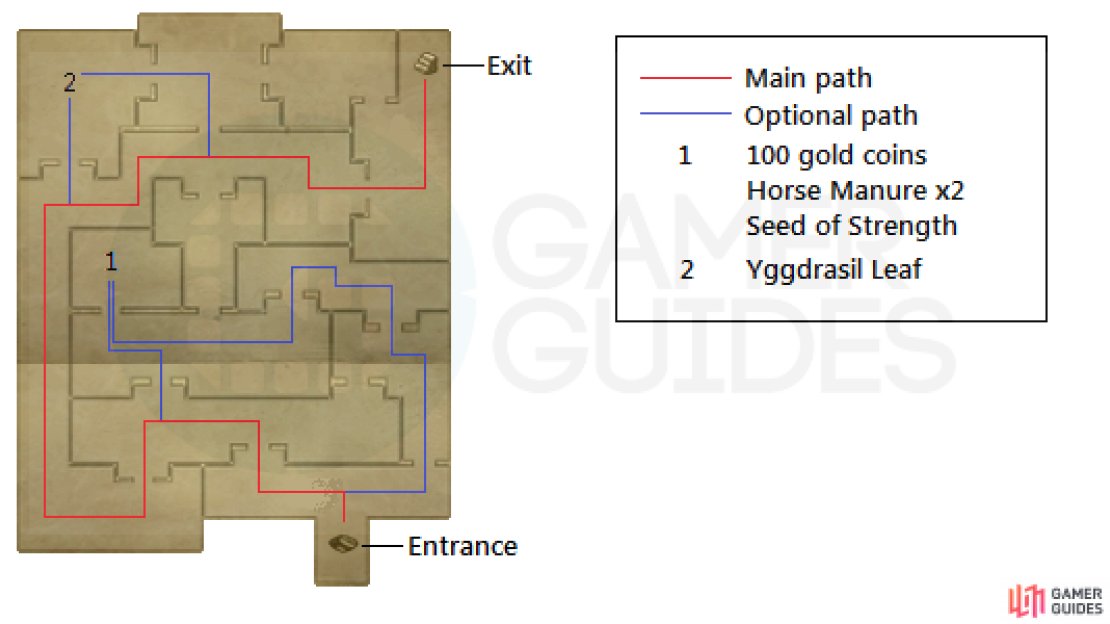 A map on how to get through the room with all of the doors, as well as the optional treasures in the same room.