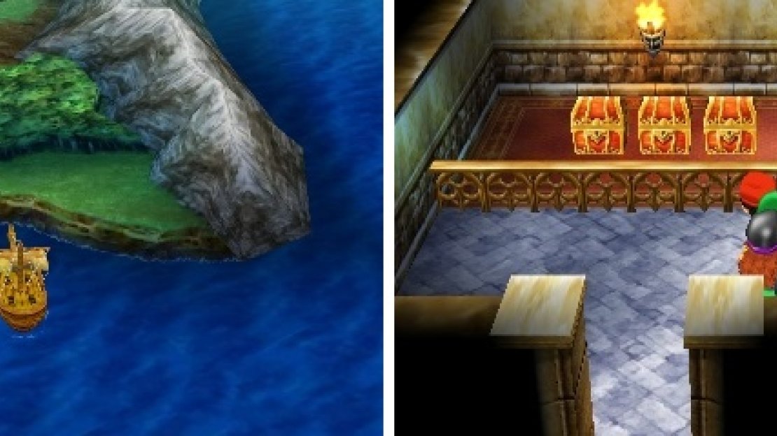 Land on the strip as shown to get to the one lone building (left). You can’t open the chests in the Temple Palace yet (right).