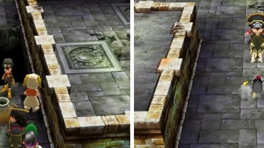 Listen to Goobris’ warning about the floor being weak, as walking on it will create a hole (left) and send you to the floor below (right).