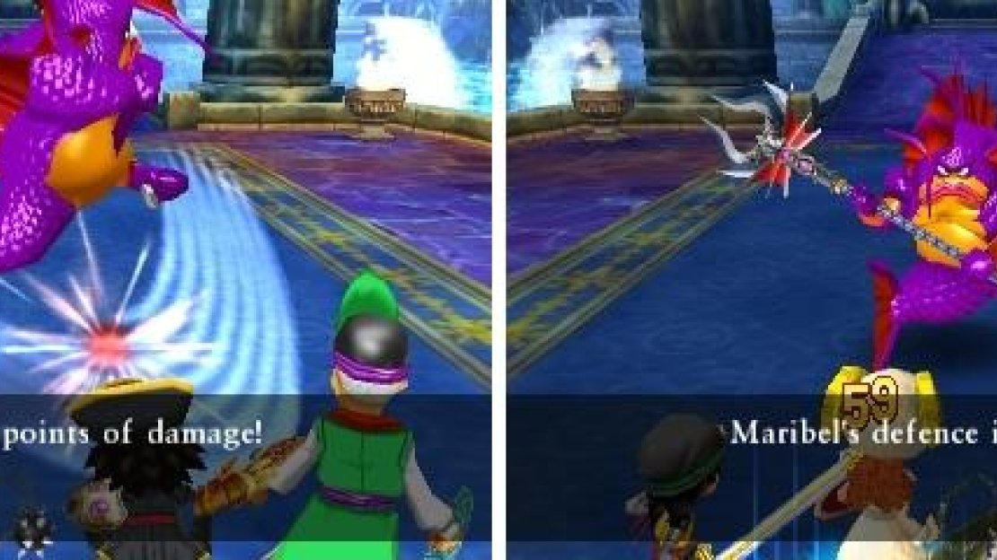 Gracos V’s normal attack is welcome in this battle (left), as it leaves you ample opportunities to do things other than healing (right).