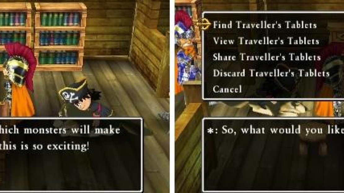 Monster Meadows is where all of the monsters go if you tame them after battle (left). You can use them to make your own Traveller’s Tablets (right).