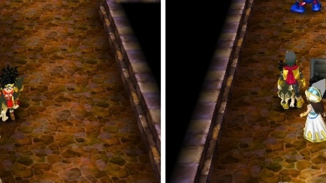 Steer to the left side in this hallway (left) to avoid the hole that will drop you to the floor below should you step over its area (right).