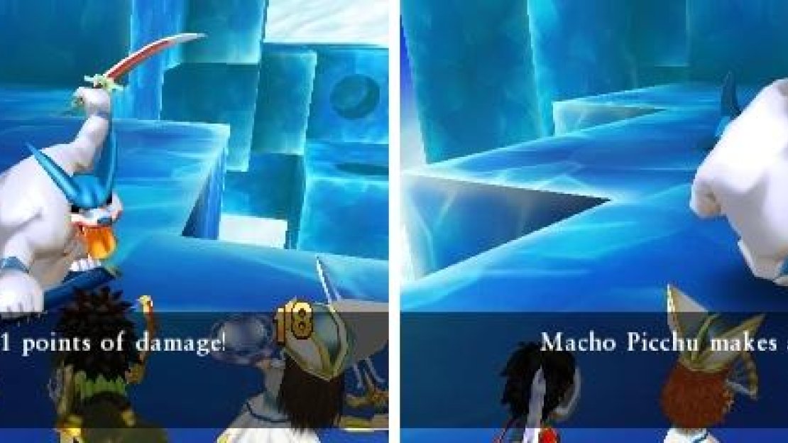 Sword Dance hits four random targets (left). Macho Picchu’s desperation attack can deal huge damage if you don’t defend (right).