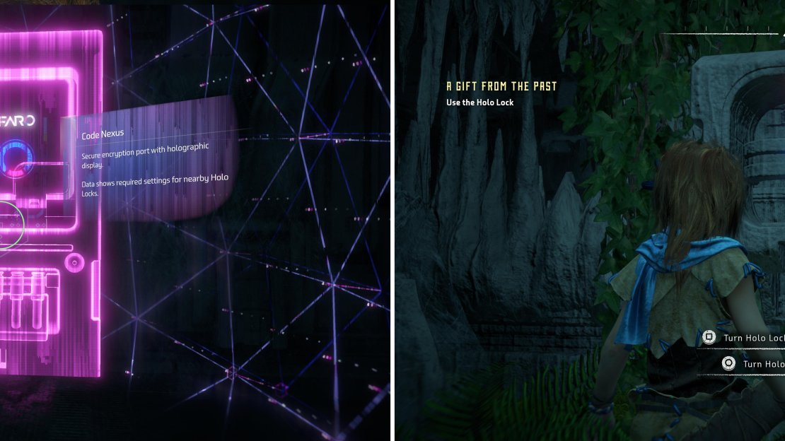 Use your Focus to find the Code Nexus (left) which shows the shape you need for the Hololock (right).