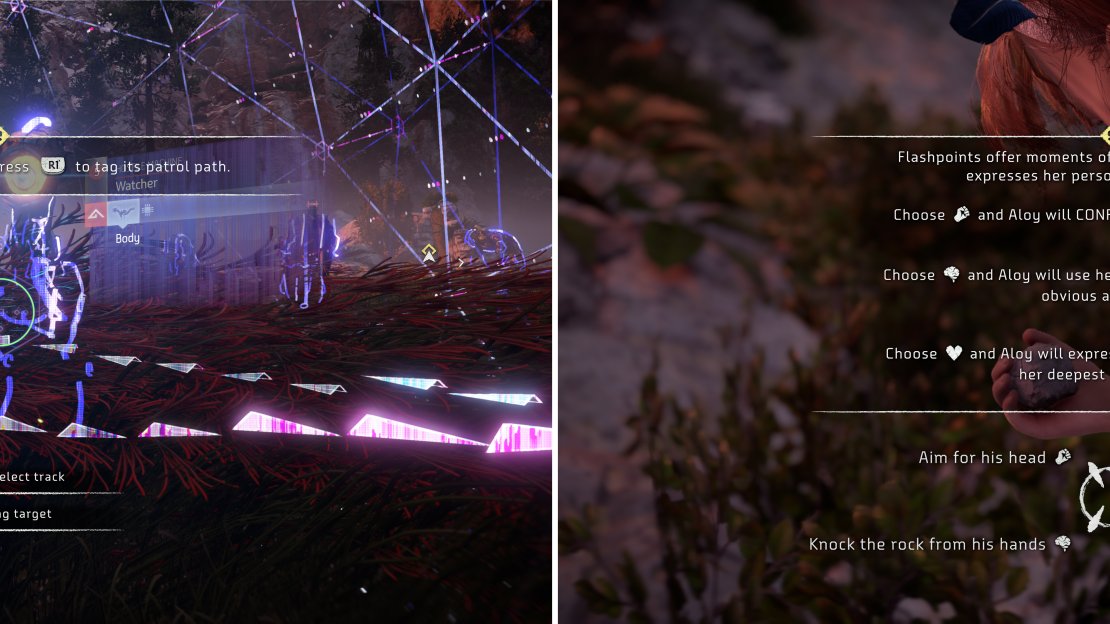 Scan the Watchers then highlight their tracks (left). Story dialogue options happen periodically through the game (right) and how you respond is up to you.