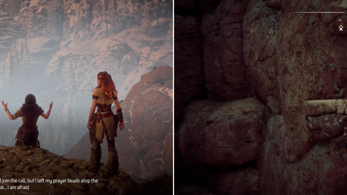 After you give Odd Grata some food she’ll make another request (left). You’ll have to use various hand holds to scale up a mountain to reach the eastern overlook (right).