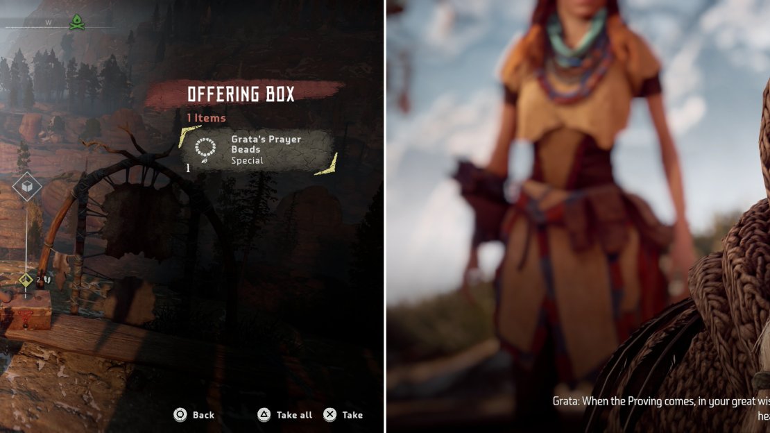 Find Grata’s Prayer Beads in an Offering Box on the overlook (left), then return to Odd Grata to recieve her gratitude… kind of (right).