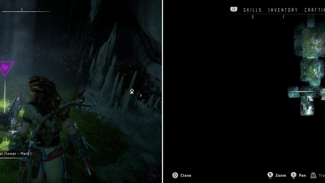 Search the southwestern part of the second level to find Metal Flower - Mark 1 (A) (left), which is located at the exact location indicated on the map (right).