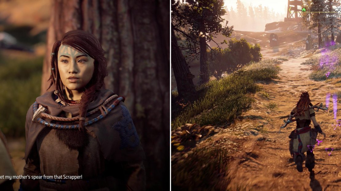 Like father like daughter, Arana will impose another objective on you after she’s rescue (left). Use your Focus to follow her tracks to locate the Scrapper she was hunting (right).