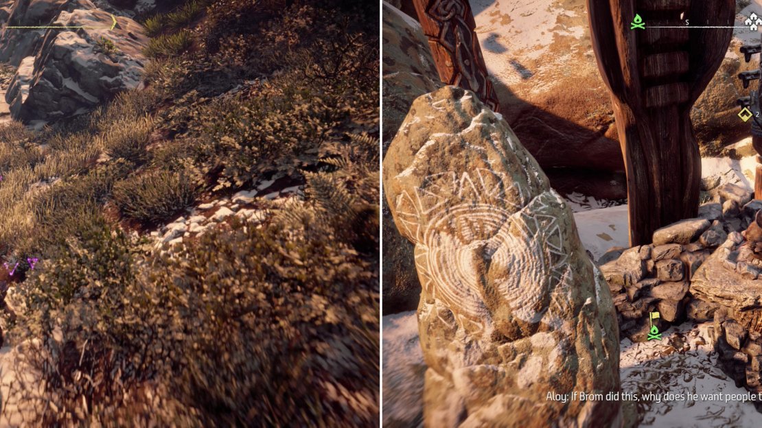 Use your focus to track Brom (left) visiting several points of interest along the way (right).
